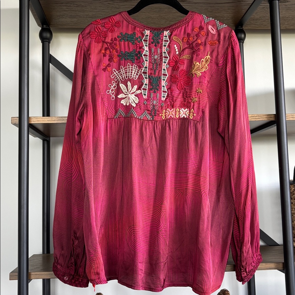 Johnny Was Burgundy Floral Embroidered Blouse - Picture 4 of 11